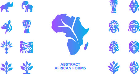 Abstract african forms icons with gradient colors rhino elephant mask drum map tree waves. © Asif