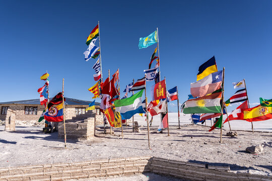 Flags of nations at Uyuni Salt Flats