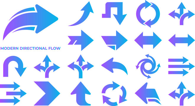 Modern directional flow icons set with blue purple gradient arrows for navigation and movement.