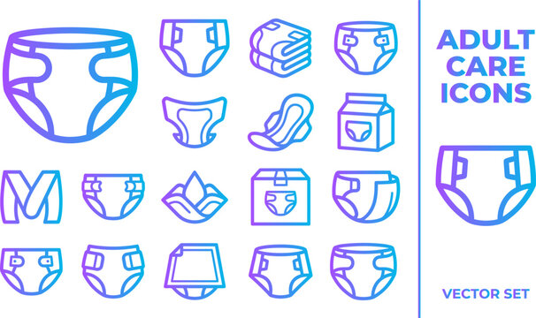 Adult care icons with blue purple gradient diapers and pads for hygiene and comfort products.