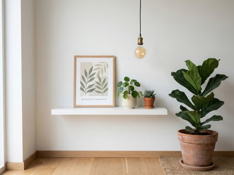 Floating white wall shelf featuring botanical framed art pendant light and assorted house plants.