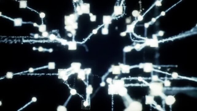 Data nodes glow in a dark digital network as they connect through complex lines of information exchange.