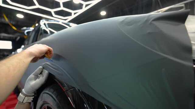 Close up of a cutting matte vinyl wrap on a car body panel in a workshop. Automotive detailing process with film installation, smooth matte finish and precision work.