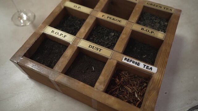 View of various tea leaves in presentation box at Kingswood Tea Factory, Ramboda, Sri Lanka, Asia