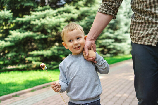 Father holding son hand during spring walk in park