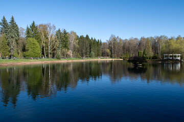 Fototapeta premium Tranquil park pond with a white gazebo on the shore during a bright sunny day. Beautiful landscape photography of a natural water reservoir suitable for travel and tourism banner.
