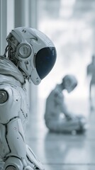 Fototapeta premium Futuristic humanoid robots with sleek white exteriors interact in modern, minimalistic corridor. Advanced artificial intelligence, robotics technology shape future human machine collaboration