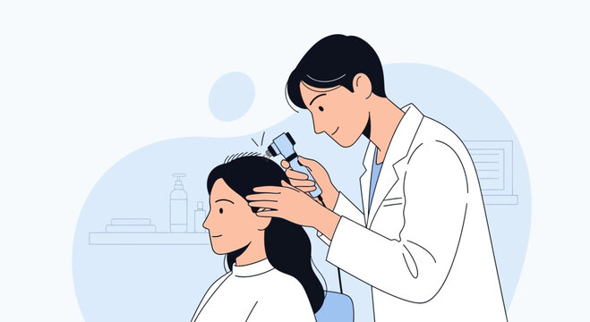 Female patient, trichologist diagnosing hair loss. Vector Illustration