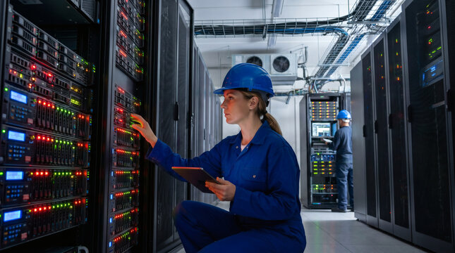 Female engineer in blue uniform inspecting server racks and checking equipment panels in a data center room