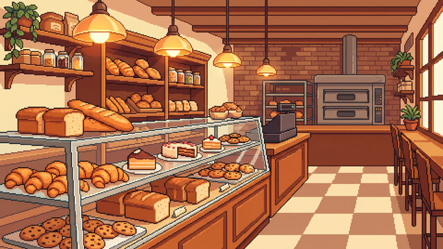 Cute 32-bit pixel art illustration of a bakery shop interior with bread, croissants, cakes, cookies, shelves, and warm lighting.