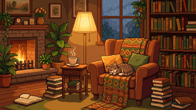 Cozy 32-bit pixel art reading nook with armchair, books, tea cup, blanket, and warm lamp.