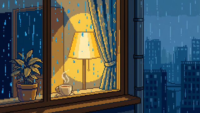 Cozy 32-bit pixel art illustration of a rainy window room with raindrops, warm light, plant, tea cup, and curtain.