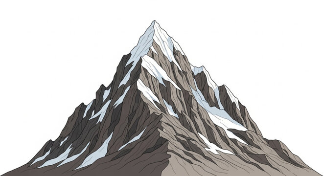 Majestic Snow Capped Mountain Peak Against White Background.