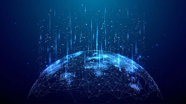 Global network connection with world map points, glowing lines and polygonal wireframe sphere. Futuristic earth technology, bright data flow and blue digital background for global business and tech ve