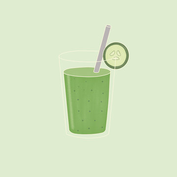 Raw vegan green smoothie with cucumber slice illustration