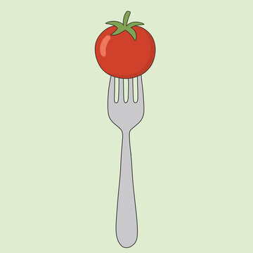 Minimal tomato on fork icon for raw vegan food concept
