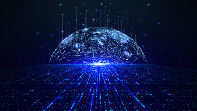 Global digital network connection with glowing world map, polygonal wireframe earth and flowing data lines. Futuristic blue technology background with abstract communication and ai network concept.