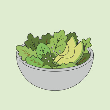 Raw vegan green salad bowl with avocado and leafy greens