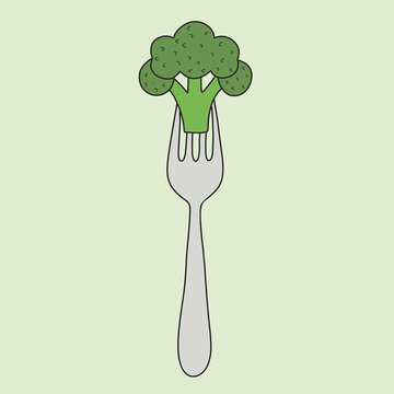 Minimal broccoli on fork icon for raw vegan food concept
