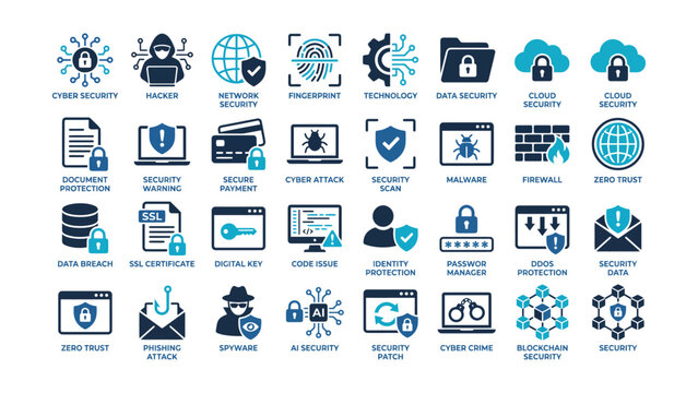 Cyber security icons set with various symbols and terms related to online protection and safety measures