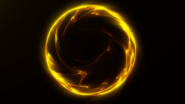 Bright yellow glowing plasma sphere with smooth circular energy waves on dark background. Abstract solar orb for futuristic science visuals, technology intros, VJ screens, magic concepts