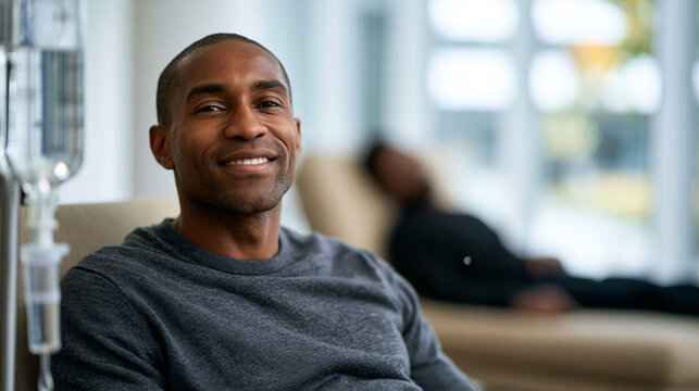 African american man receiving vitamin drip therapy in clinic. Smiling patient during IV infusion treatment for health and wellness. Rejuvenation and medical recovery procedure concept.