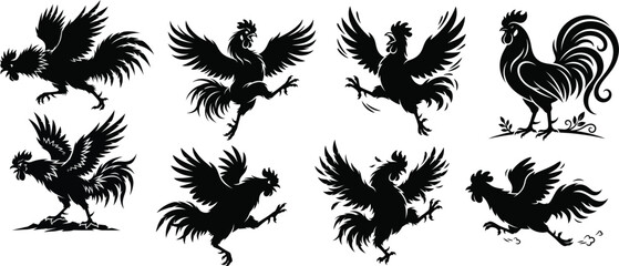 rooster silhouettes collection black graphic design on white background © Rekha