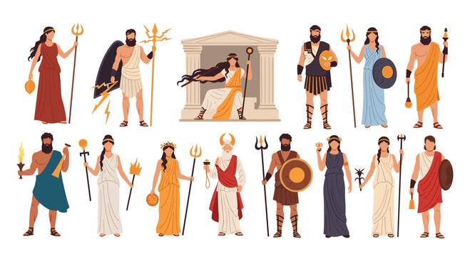 Detailed illustrations of various Greek gods and goddesses from mythology including Zeus, Athena, Poseidon, Hera, and Ares with their symbols.