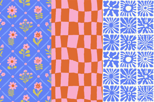 Vector hand-drawn seamless patterns set in a naive abstract art style with wavy and groovy shapes, dopamine cottage core aesthetic, designs for stationery, wallpaper, branding, packaging