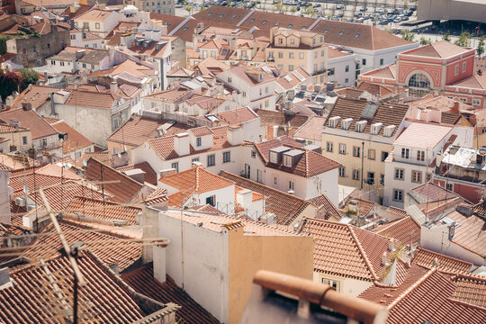 Lisbon rooftops and pastel buildings in old town panorama