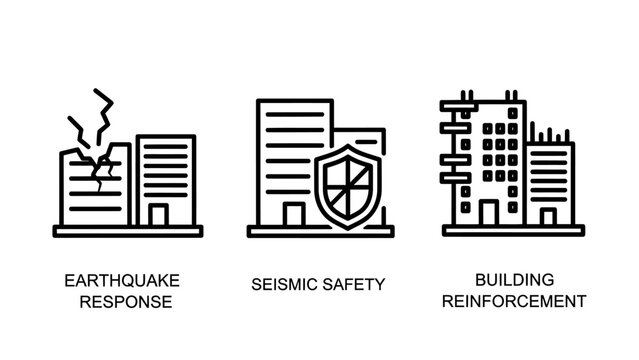 Earthquake response seismic safety and building reinforcement structural engineering icon set with earthquake response building reinforcement structural engineering construction protection