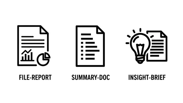 File report summary doc and insight brief business analysis documentation icon set with business analysis documentation document information management corporate presentation statistics