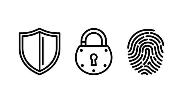 Digital security and biometric identity protection line icons with security fingerprint identity biometric protection encryption authentication technology verification personal software
