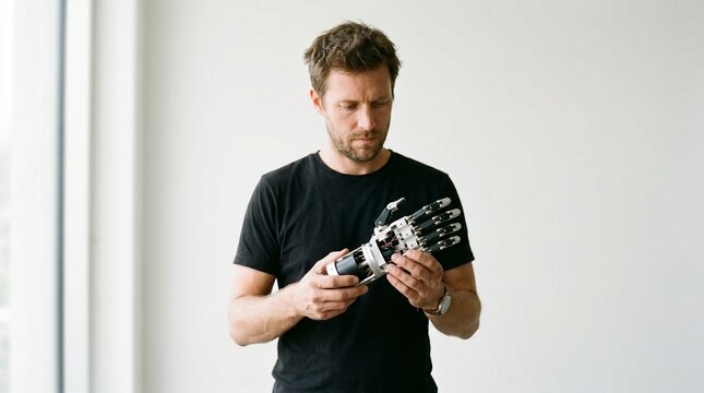 Man in black t shirt examining bionic prosthetic hand in natural window light