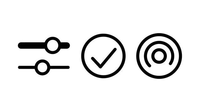 Set of digital interface configuration settings and selection verification icons with settings interface configuration selection precision preferences validation complete customization