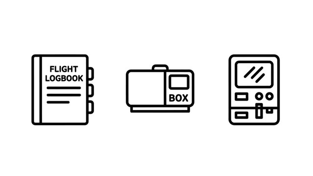 Set of travel and logistics icons including flight logbook and shipping containers with shipping container aviation logistics transport delivery navigation equipment airplane tracking