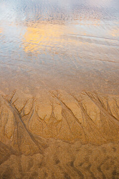 Reflections on sand with intricate patterns at the beach