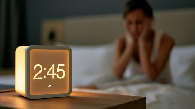 Woman sitting in bed awake at night looking at glowing digital clock. Person suffering from insomnia, sleep disorder and stress in dark bedroom. Mental health and fatigue concept.