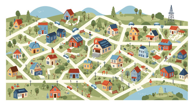 Detailed birds-eye view map of a charming small town featuring colorful houses, winding roads, green spaces, trees, and community areas.