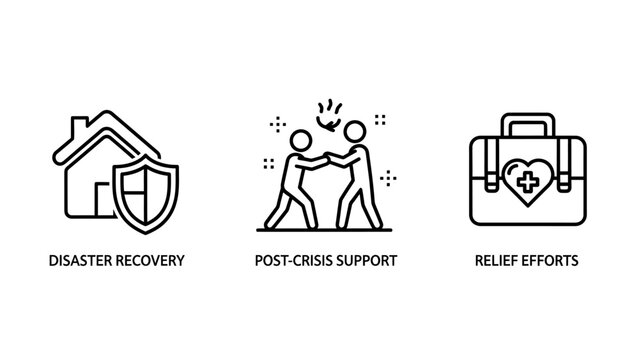 Disaster recovery and relief support service icons with disaster recovery emergency humanitarian protection insurance management volunteering community resilience rebuilding assistance