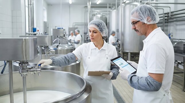 Industrial brewery or dairy factory inspectors managing production line automation with touch screen panel and mobile tablet device