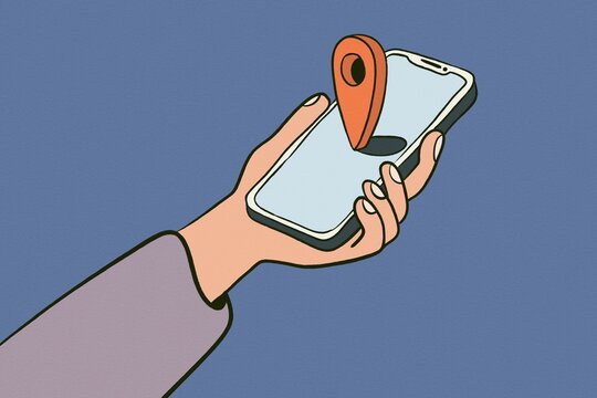 Hand holding smartphone with location pin for mobile communication