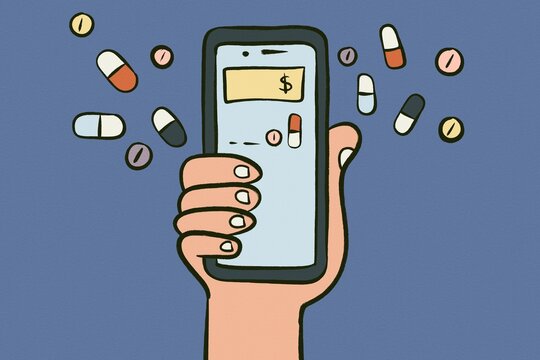 Hand holding smartphone with pills and money app concept