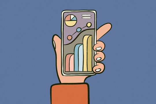 Hand holding smartphone with analytics dashboard for communication