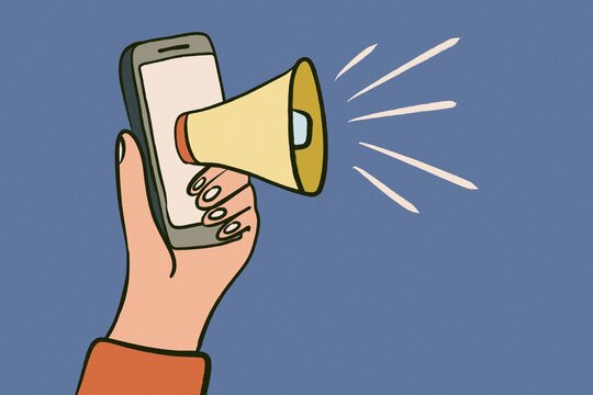 Hand holding smartphone with megaphone for mobile message