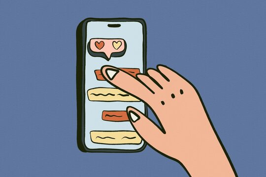 Hand holding smartphone with chat and social media icons