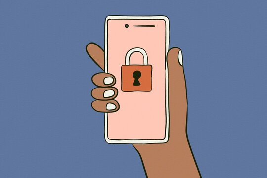 Hand holding smartphone with padlock icon for security