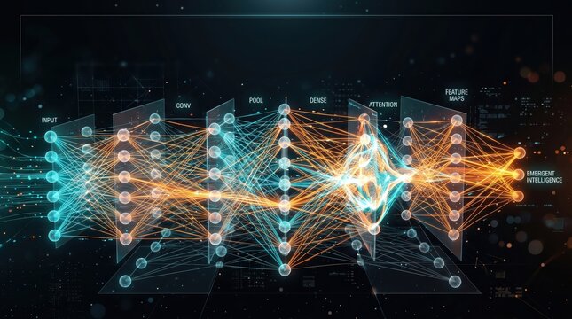 Deep learning neural network architecture with interconnected nodes and glowing connections on a dark background