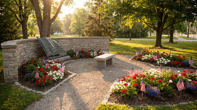 Landscaped garden path with stone retaining wall, flower beds, and lush trees