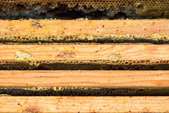 Close-up of wooden beehive frames in beekeeping setup